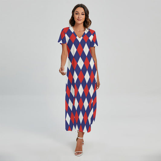 Blue Red And White Argyle Pattern Print Short Sleeve Maxi Dress