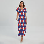 Blue Red And White Argyle Pattern Print Short Sleeve Maxi Dress