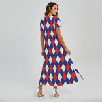 Blue Red And White Argyle Pattern Print Short Sleeve Maxi Dress