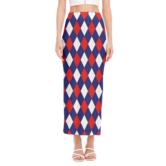 Blue Red And White Argyle Pattern Print Side Slit Maxi Skirt