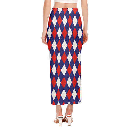 Blue Red And White Argyle Pattern Print Side Slit Maxi Skirt