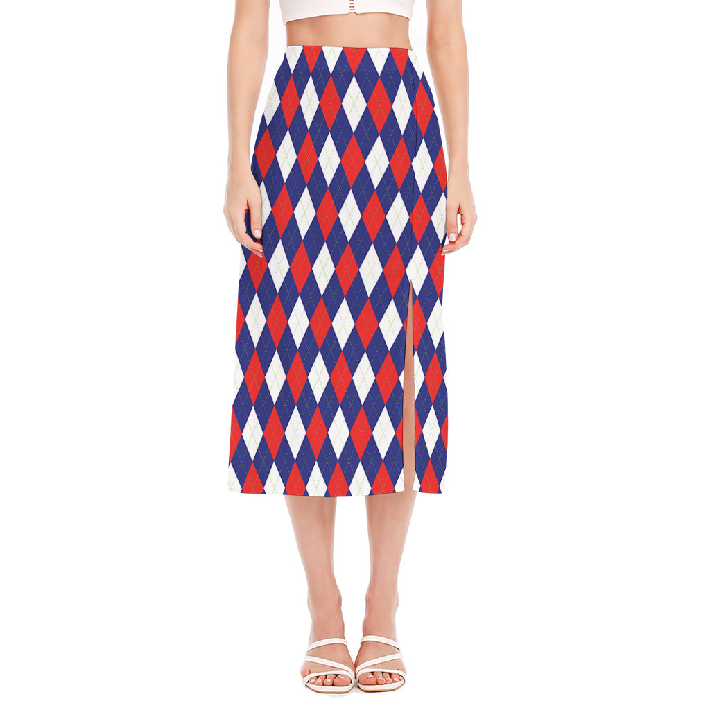 Blue Red And White Argyle Pattern Print Side Slit Midi Skirt