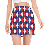 Blue Red And White Argyle Pattern Print Side Slit Mini Skirt