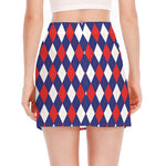 Blue Red And White Argyle Pattern Print Side Slit Mini Skirt