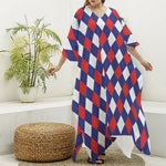Blue Red And White Argyle Pattern Print Silk V-Neck Kaftan Dress