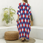 Blue Red And White Argyle Pattern Print Silk V-Neck Kaftan Dress