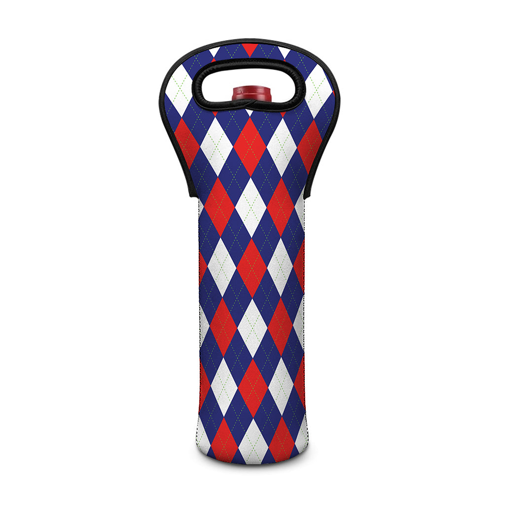 Blue Red And White Argyle Pattern Print Single Neoprene Wine Tote