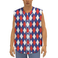 Blue Red And White Argyle Pattern Print Sleeveless Baseball Jersey