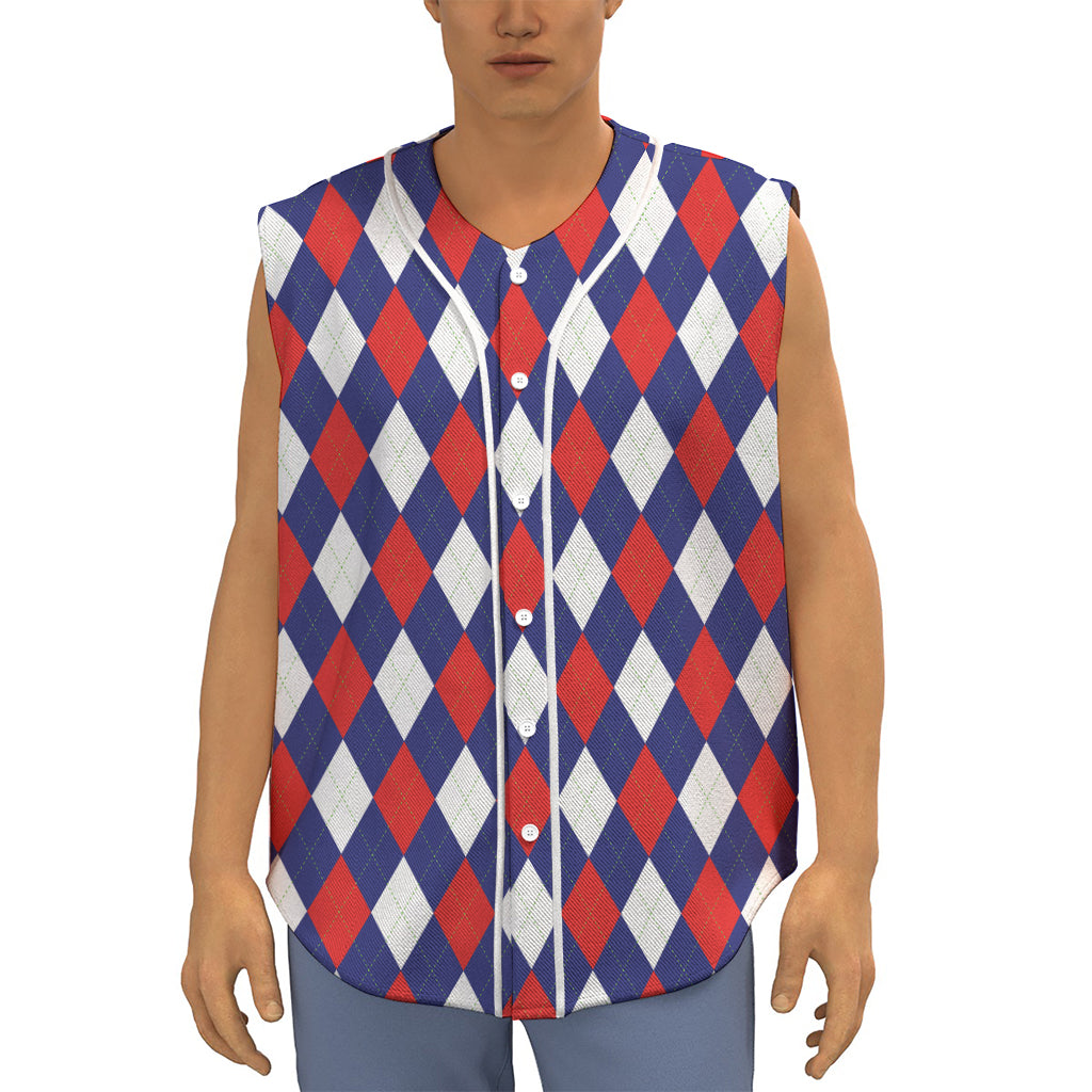 Blue Red And White Argyle Pattern Print Sleeveless Baseball Jersey