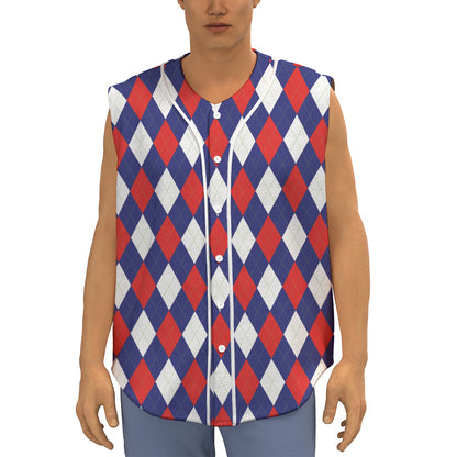 Blue Red And White Argyle Pattern Print Sleeveless Baseball Jersey