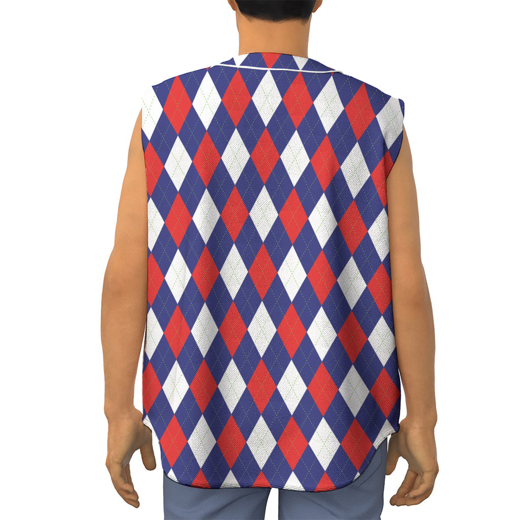 Blue Red And White Argyle Pattern Print Sleeveless Baseball Jersey