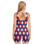Blue Red And White Argyle Pattern Print Sleeveless One Piece Swimsuit