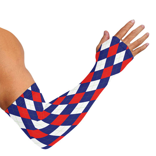 Blue Red And White Argyle Pattern Print Sun Protection Arm Sleeves
