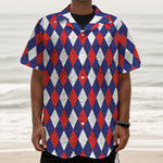 Blue Red And White Argyle Pattern Print Textured Short Sleeve Shirt