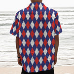 Blue Red And White Argyle Pattern Print Textured Short Sleeve Shirt