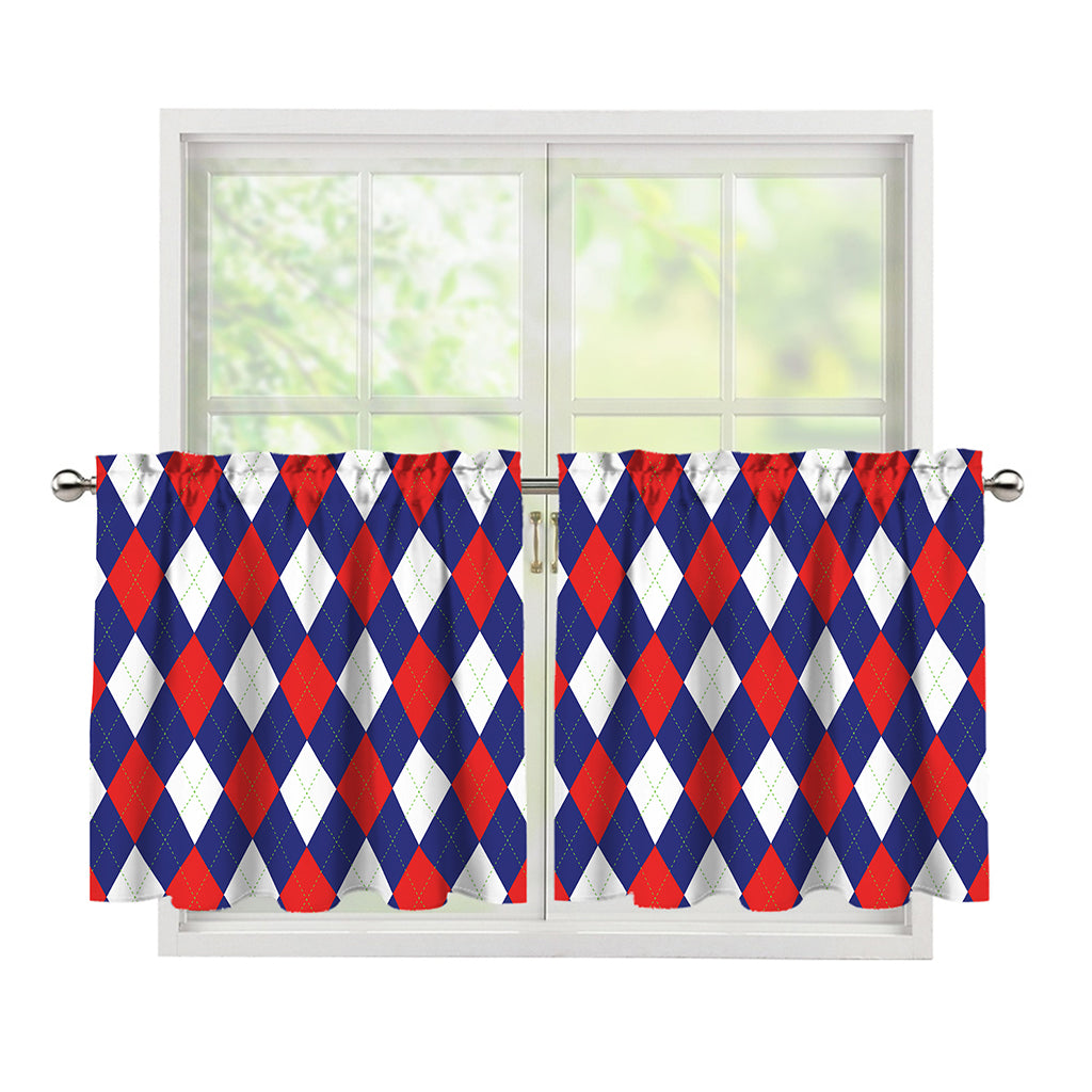 Blue Red And White Argyle Pattern Print Tier Curtains