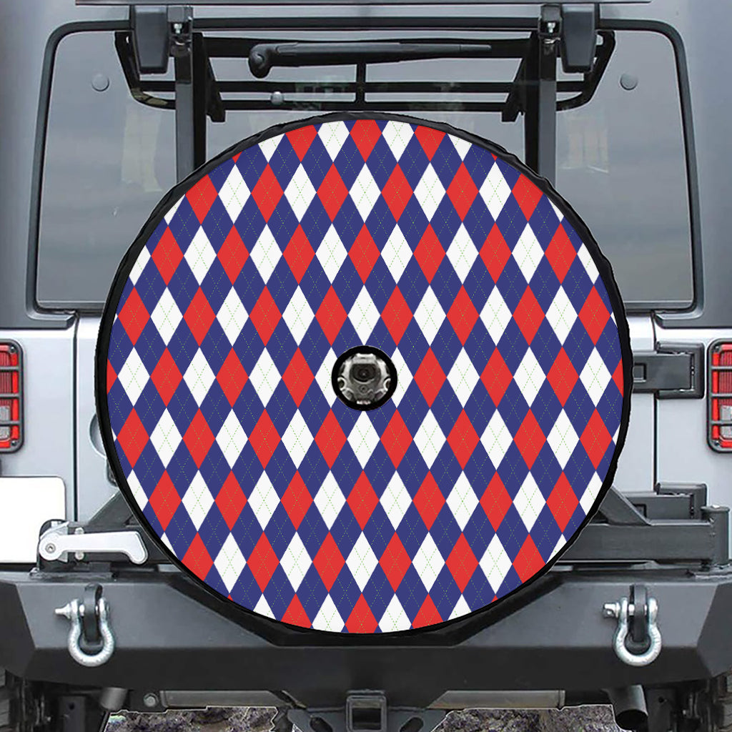 Blue Red And White Argyle Pattern Print Tire Cover With Camera Hole