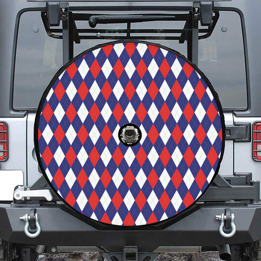 Blue Red And White Argyle Pattern Print Tire Cover With Camera Hole