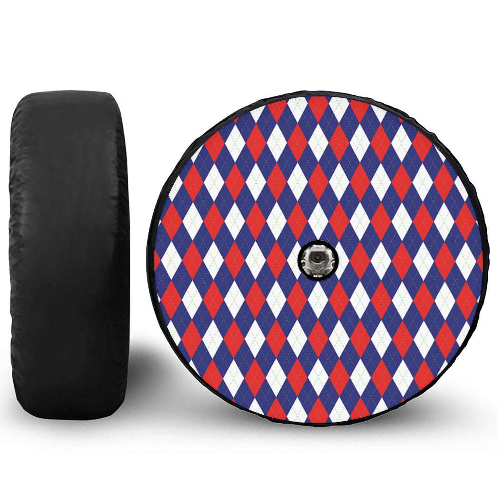 Blue Red And White Argyle Pattern Print Tire Cover With Camera Hole