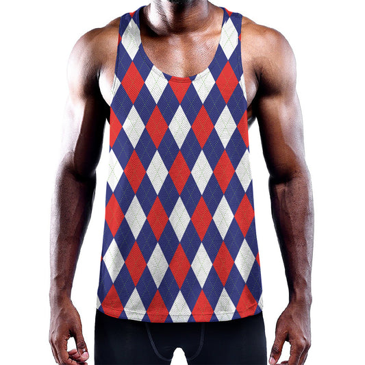 Blue Red And White Argyle Pattern Print Training Tank Top