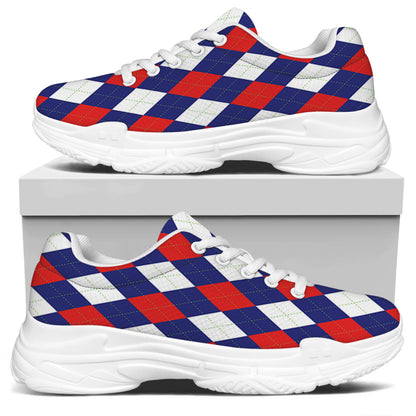Blue Red And White Argyle Pattern Print White Chunky Shoes