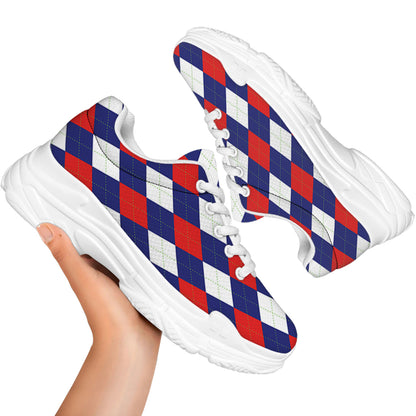 Blue Red And White Argyle Pattern Print White Chunky Shoes