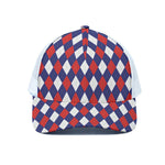 Blue Red And White Argyle Pattern Print White Mesh Trucker Cap