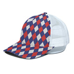 Blue Red And White Argyle Pattern Print White Mesh Trucker Cap
