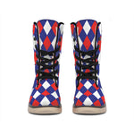 Blue Red And White Argyle Pattern Print Winter Boots