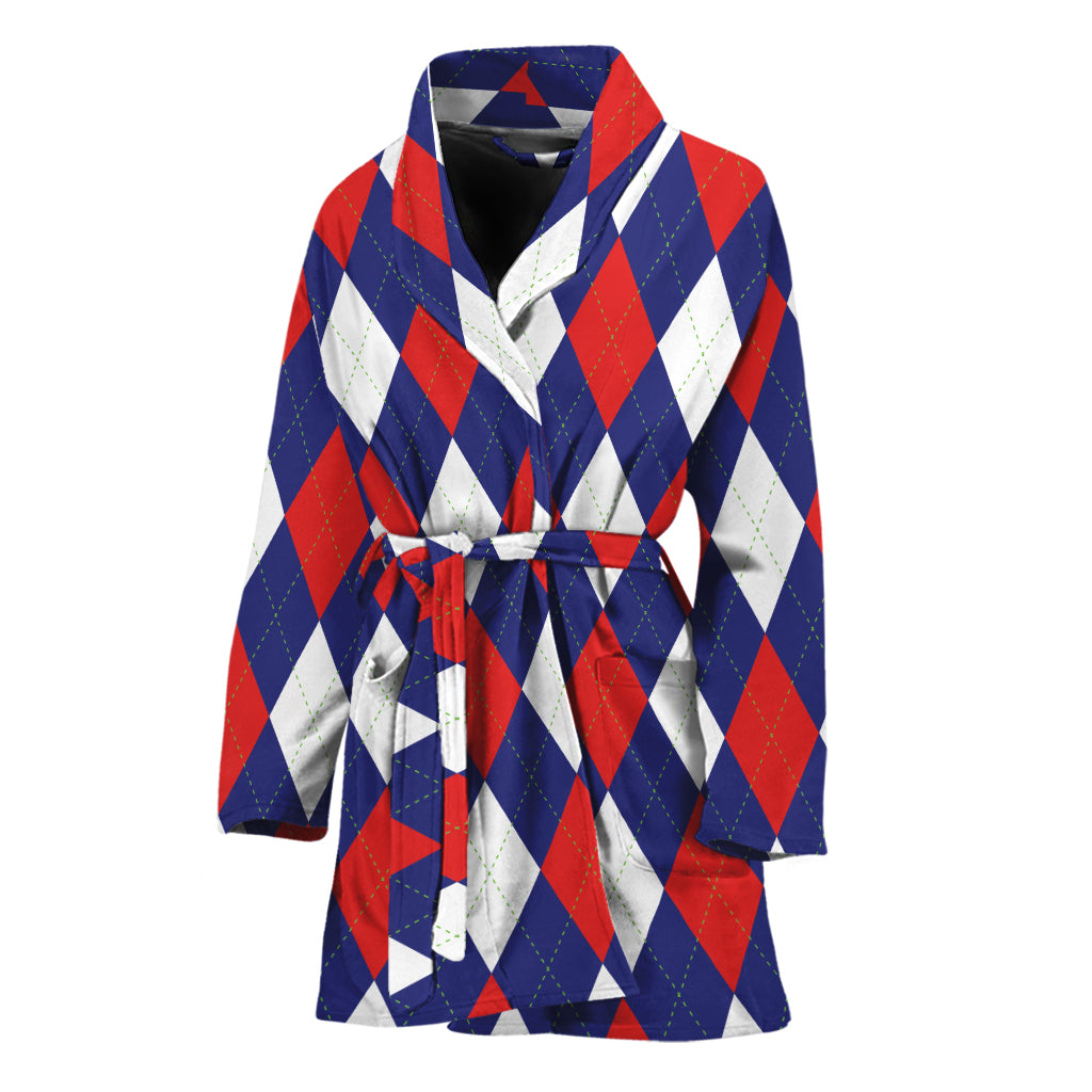 Blue Red And White Argyle Pattern Print Women's Bathrobe