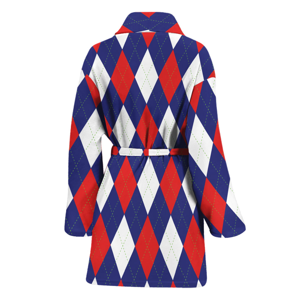 Blue Red And White Argyle Pattern Print Women's Bathrobe