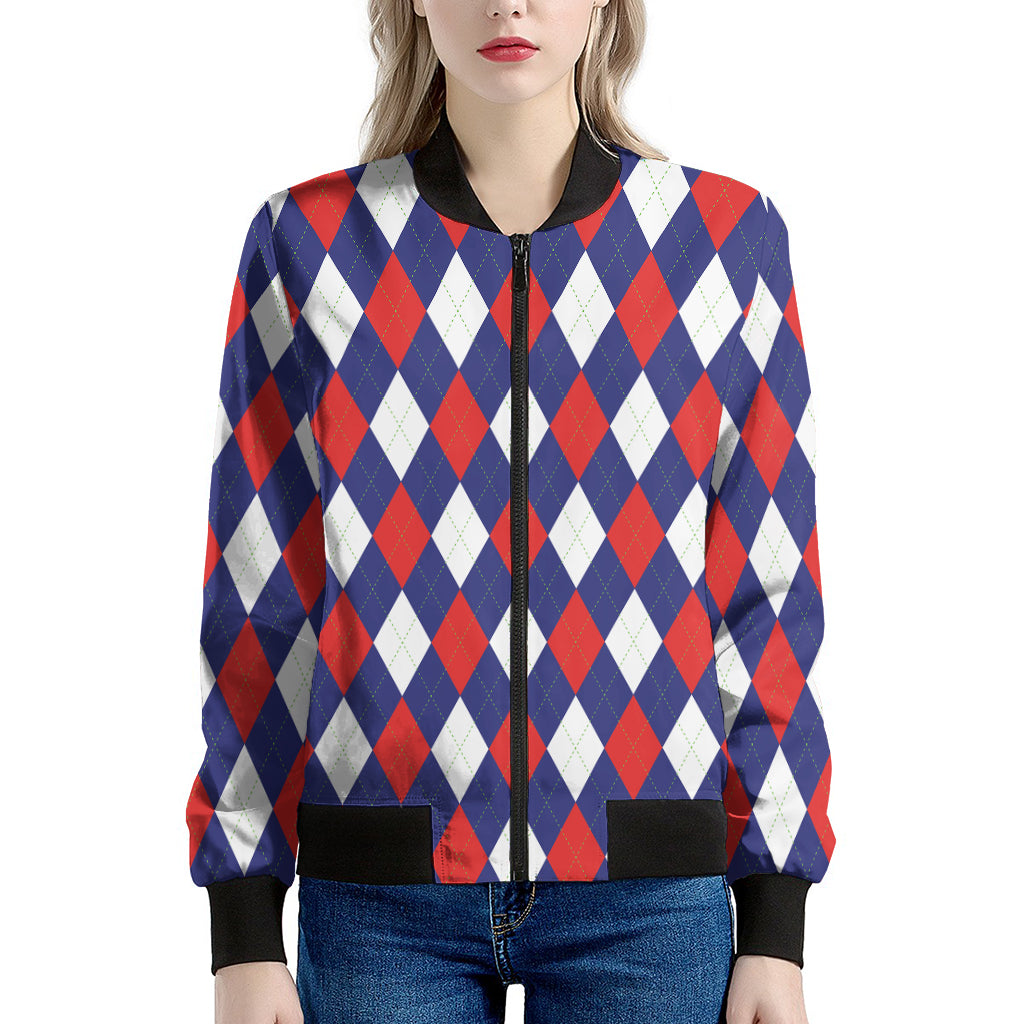 Blue Red And White Argyle Pattern Print Women's Bomber Jacket