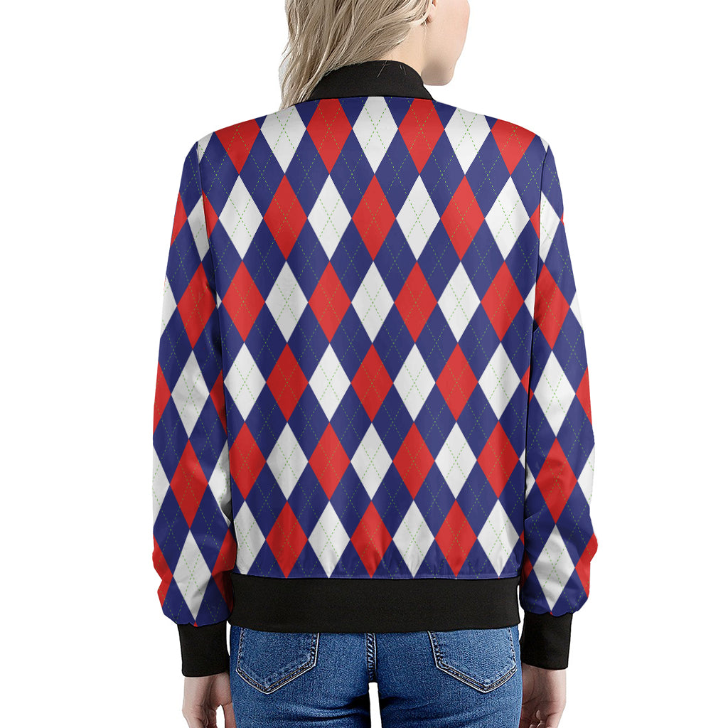 Blue Red And White Argyle Pattern Print Women's Bomber Jacket