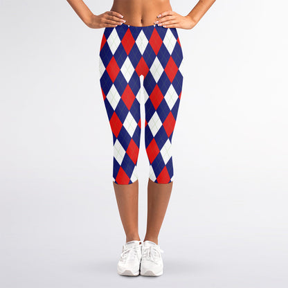 Blue Red And White Argyle Pattern Print Women's Capri Leggings