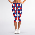 Blue Red And White Argyle Pattern Print Women's Capri Leggings