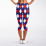 Blue Red And White Argyle Pattern Print Women's Capri Leggings