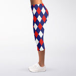 Blue Red And White Argyle Pattern Print Women's Capri Leggings