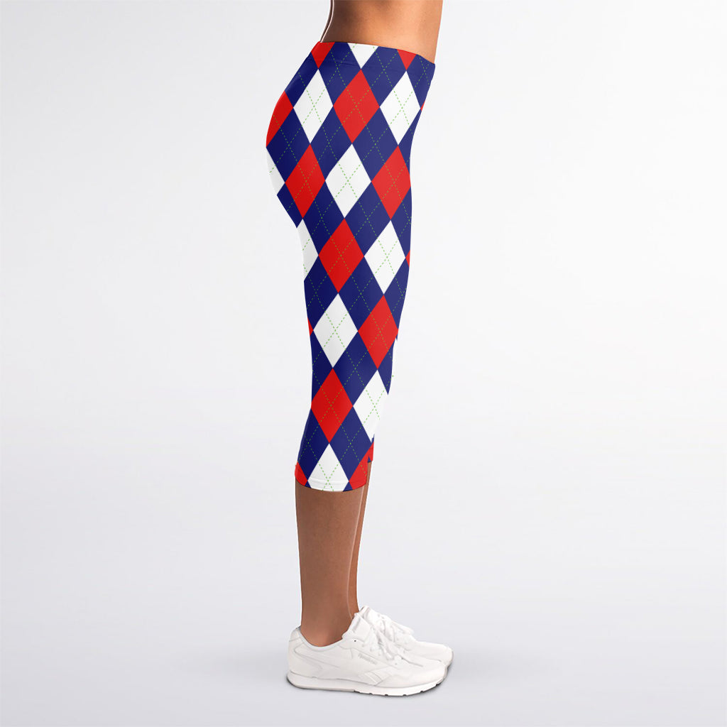 Blue Red And White Argyle Pattern Print Women's Capri Leggings