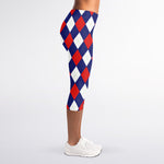 Blue Red And White Argyle Pattern Print Women's Capri Leggings