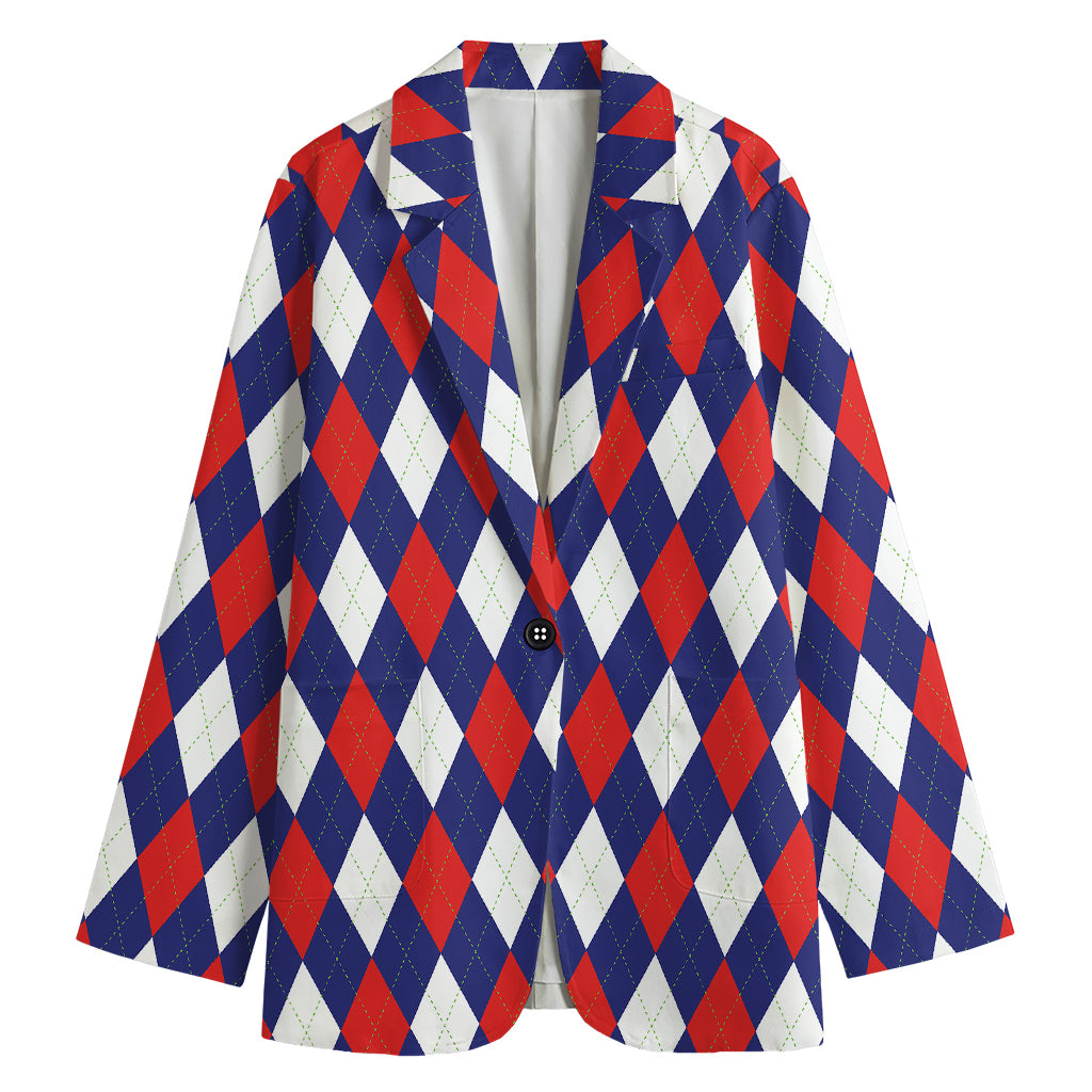 Blue Red And White Argyle Pattern Print Women's Cotton Blazer