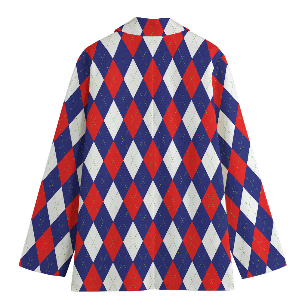 Blue Red And White Argyle Pattern Print Women's Cotton Blazer