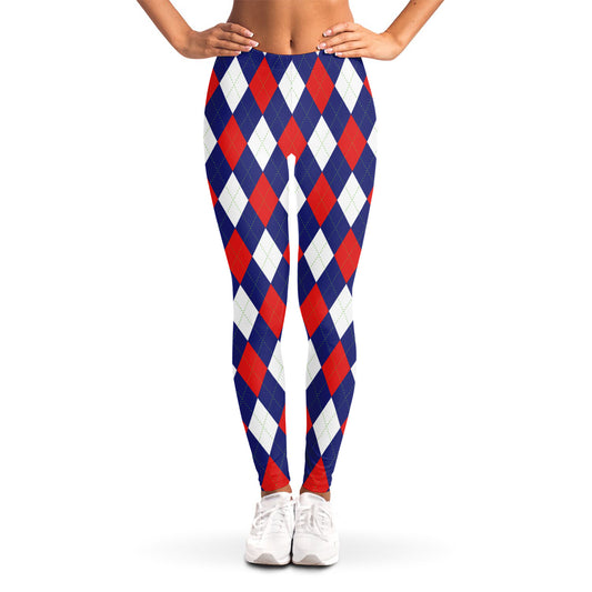 Blue Red And White Argyle Pattern Print Women's Leggings