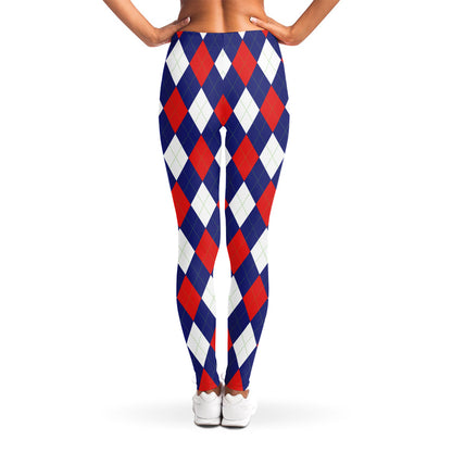 Blue Red And White Argyle Pattern Print Women's Leggings