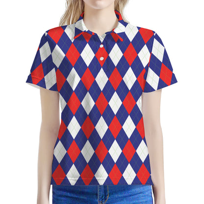 Blue Red And White Argyle Pattern Print Women's Polo Shirt