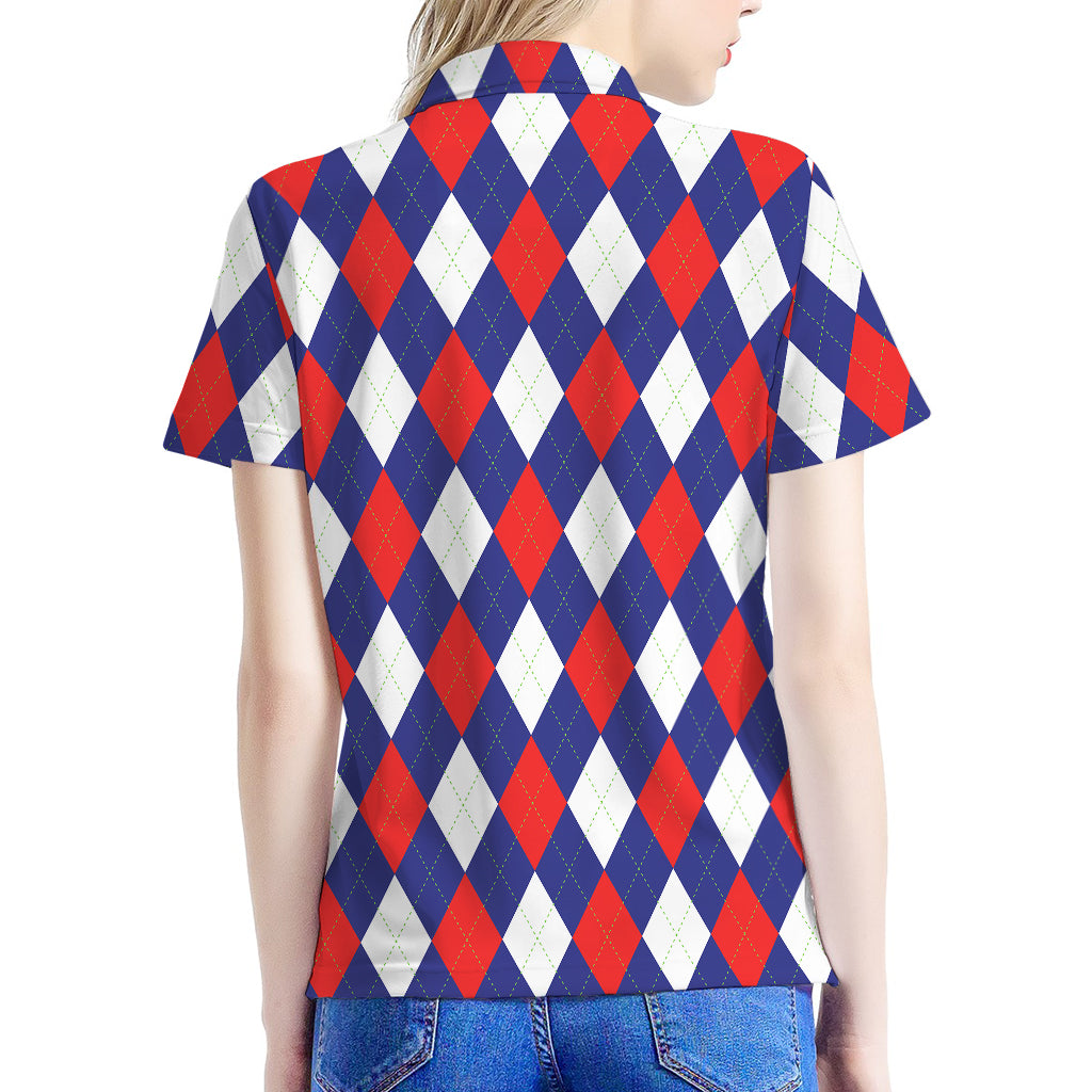 Blue Red And White Argyle Pattern Print Women's Polo Shirt