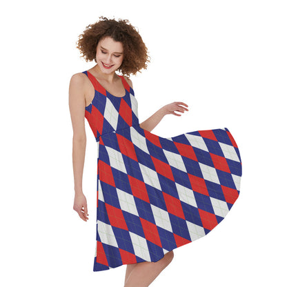Blue Red And White Argyle Pattern Print Women's Sleeveless Dress