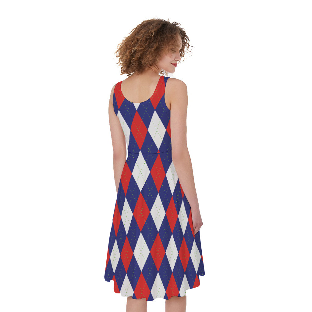 Blue Red And White Argyle Pattern Print Women's Sleeveless Dress