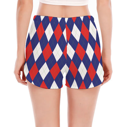 Blue Red And White Argyle Pattern Print Women's Split Running Shorts