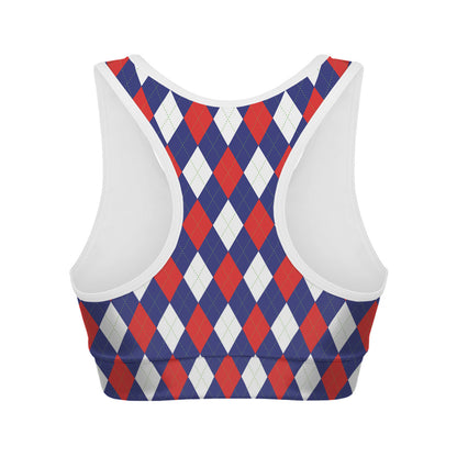 Blue Red And White Argyle Pattern Print Women's Sports Bra