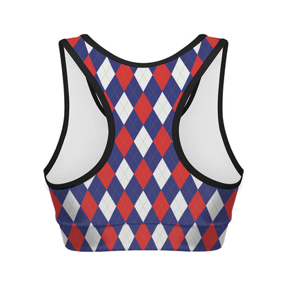 Blue Red And White Argyle Pattern Print Women's Sports Bra